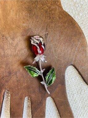 Laura Conrad Red Rose Enamel Brooch with Green Leaves 2.5" L